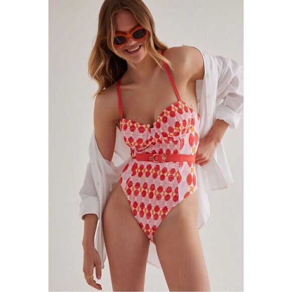 NEW Anthropologie Maeve Jodie Belted Polka Dot Smocked One-Piece Swimsuit Large - Picture 1 of 9